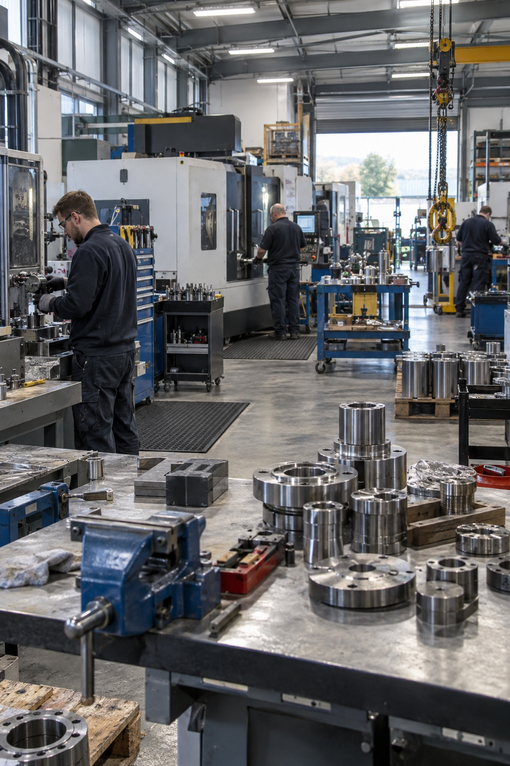 Manufacturing workshop with workers operating CNC machines and assembling metal parts.
