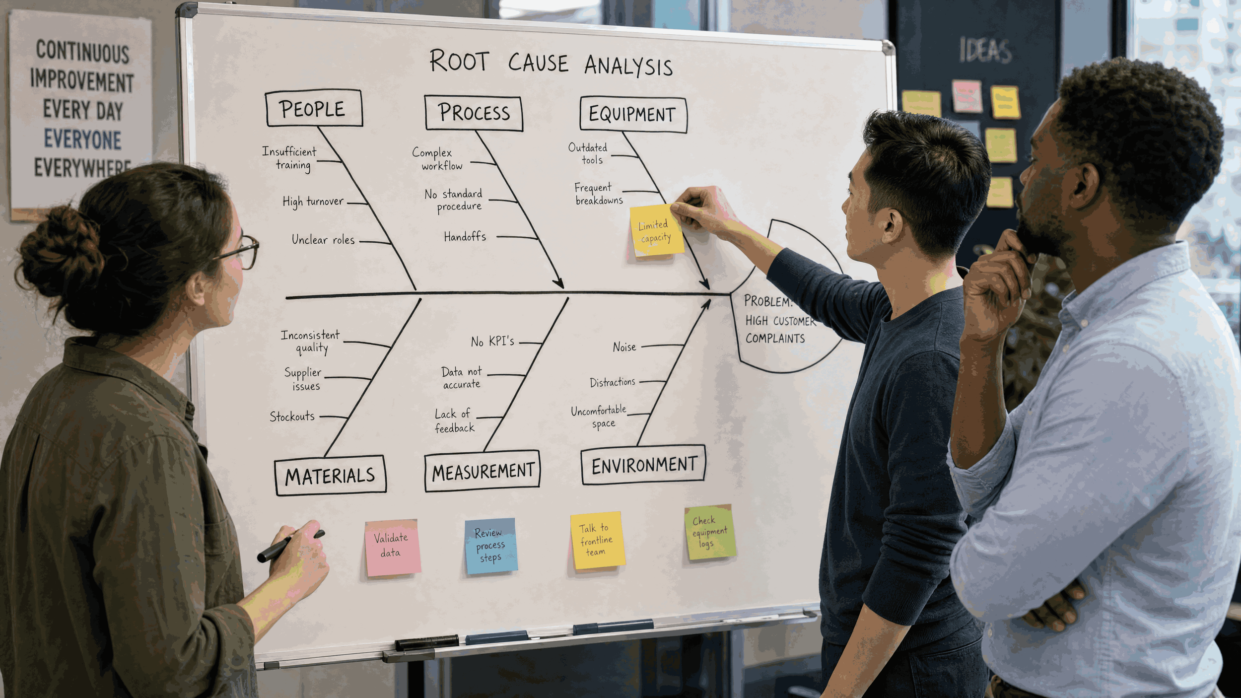 Group of three people discussing a whiteboard with a root cause analysis diagram, sticky notes, and project management notes in an office setting.