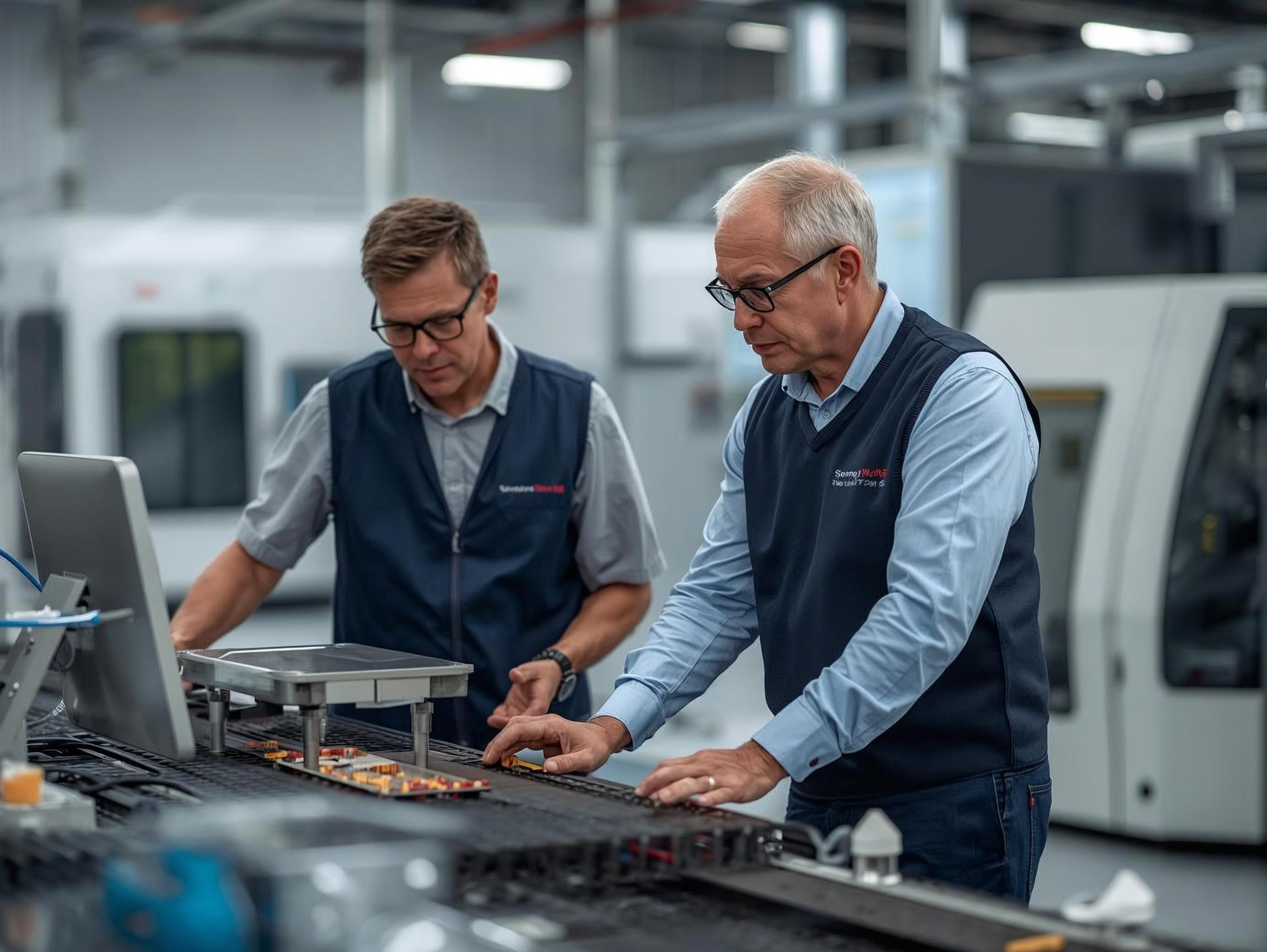 Manufacturing supervisors analysing workflow to improve operational efficiency