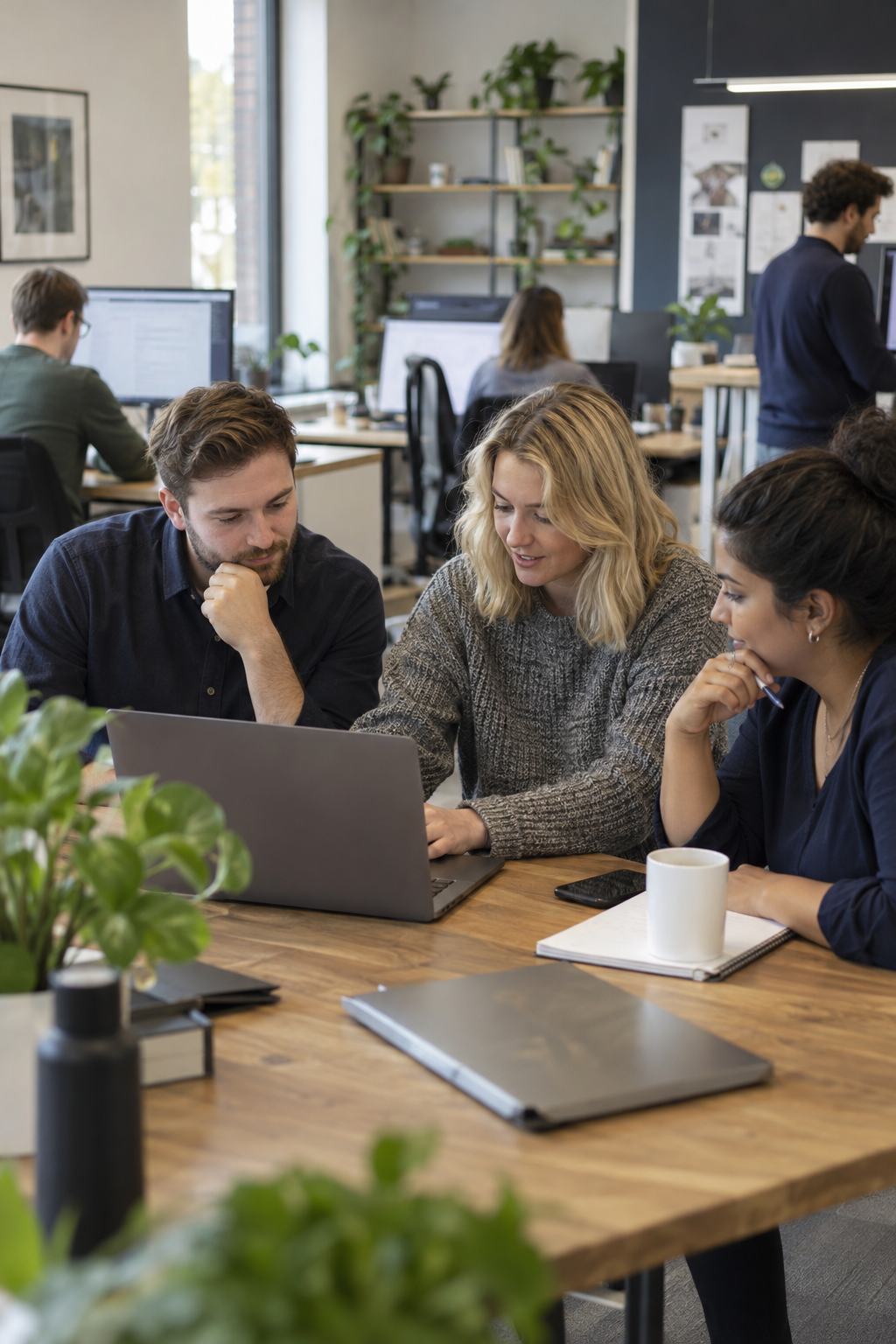 Three people gathered around a laptop in an office, engaging in a discussion, with other coworkers working at desks in the background.