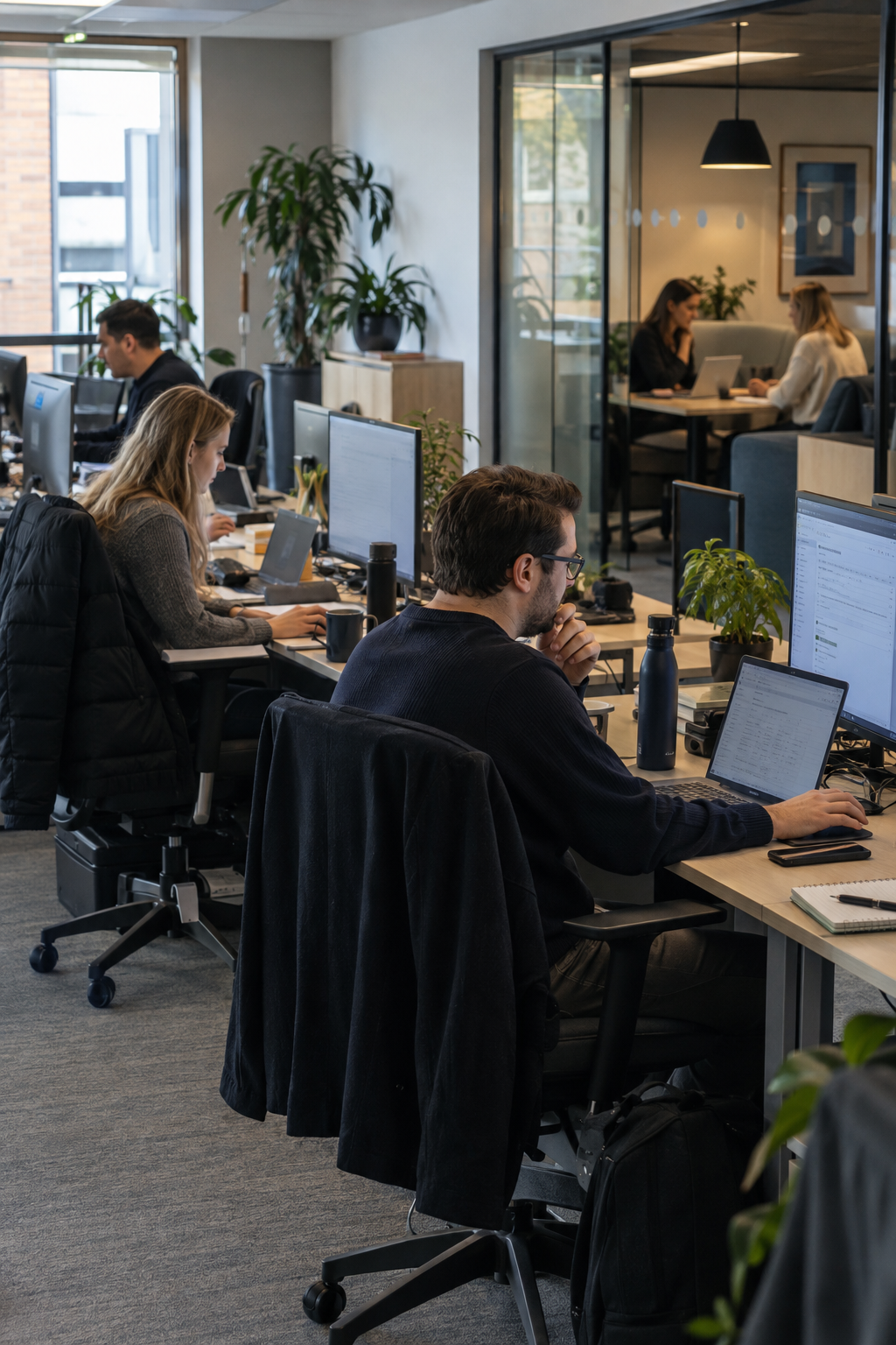 Employees working at computers in an open office with glass-walled meeting rooms and indoor plants.