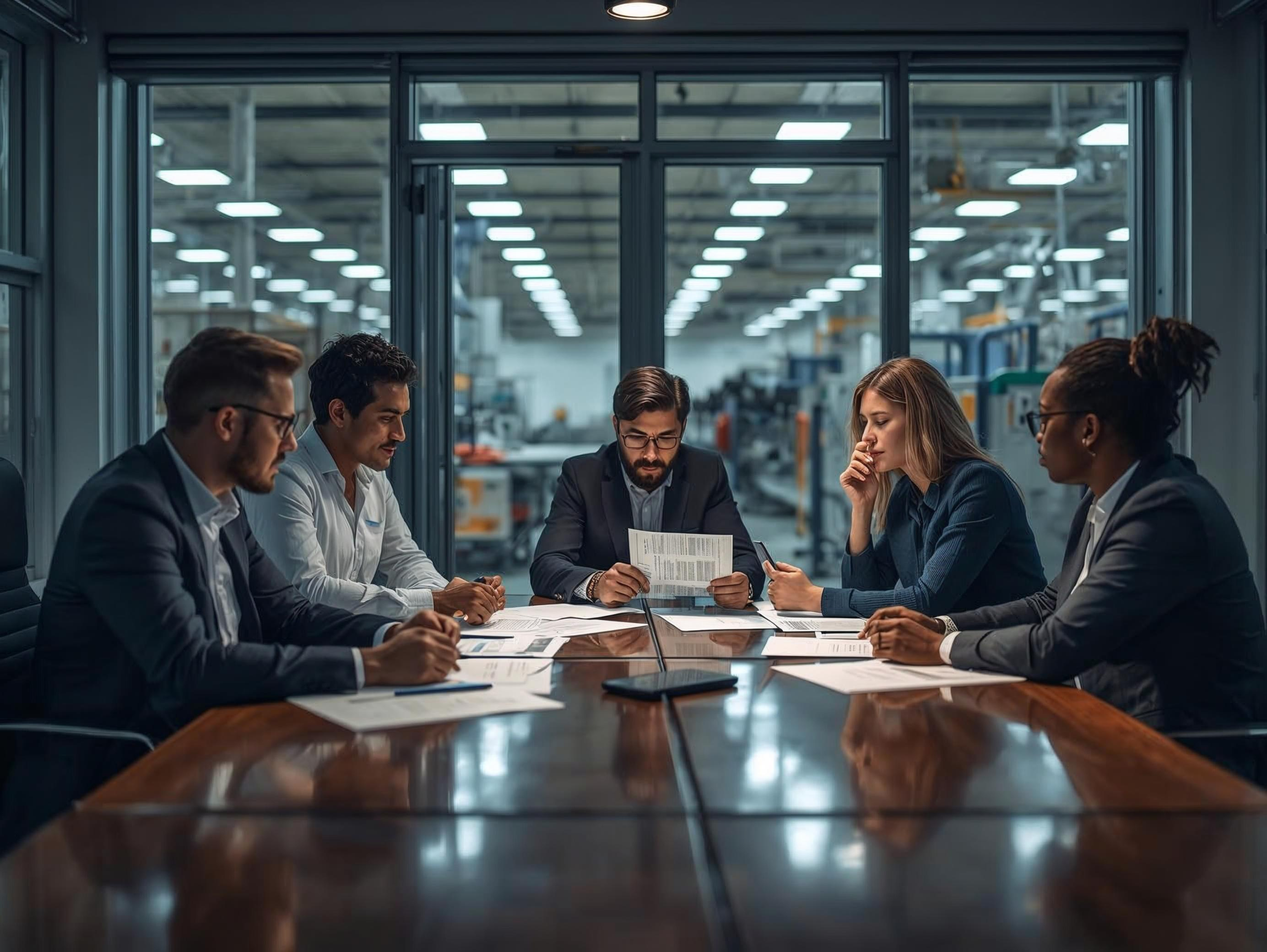 Business meeting with six people around a wooden conference table in an industrial-style office, discussing documents, with factory or warehouse visible through large glass windows behind them.