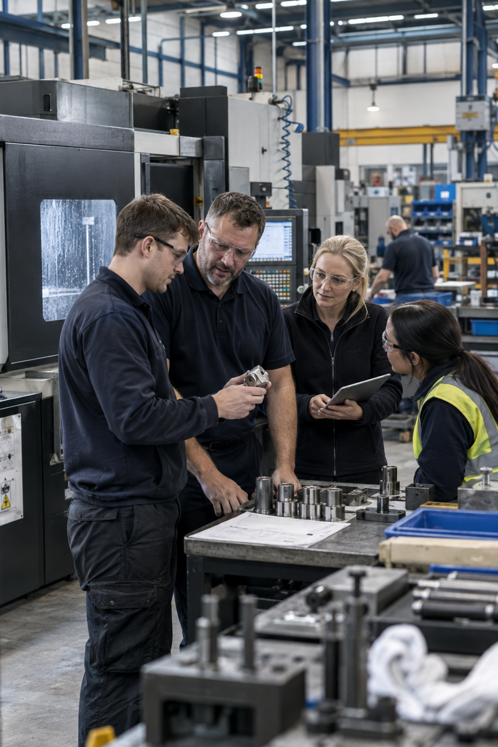 Four manufacturing workers inspect a metal component beside CNC machinery on a factory floor.