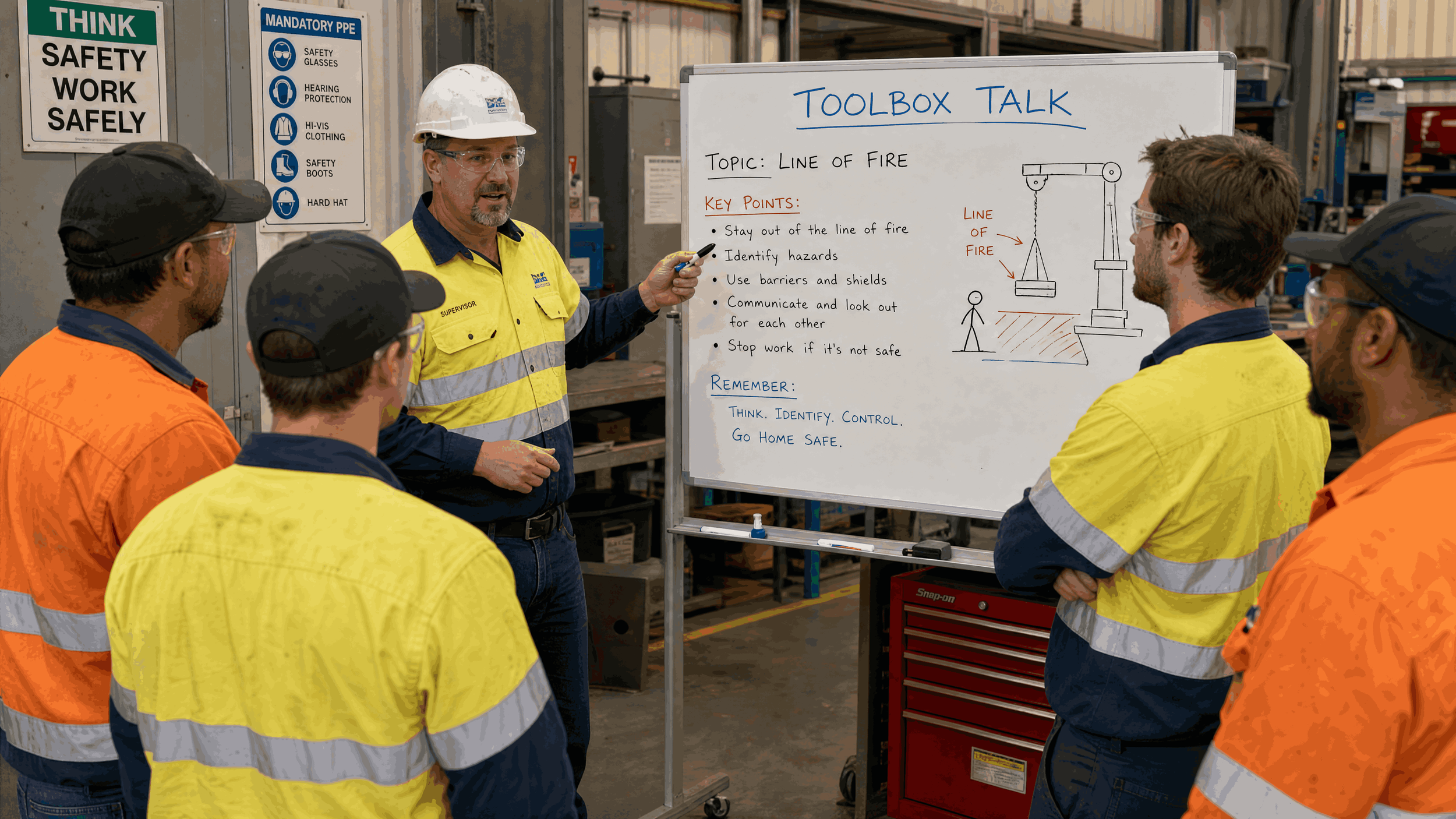 Group of workers in safety yellow and orange shirts listening to a supervisor in a warehouse or industrial setting, with a whiteboard titled 'Toolbox Talk' discussing 'Line of Fire' safety topic.