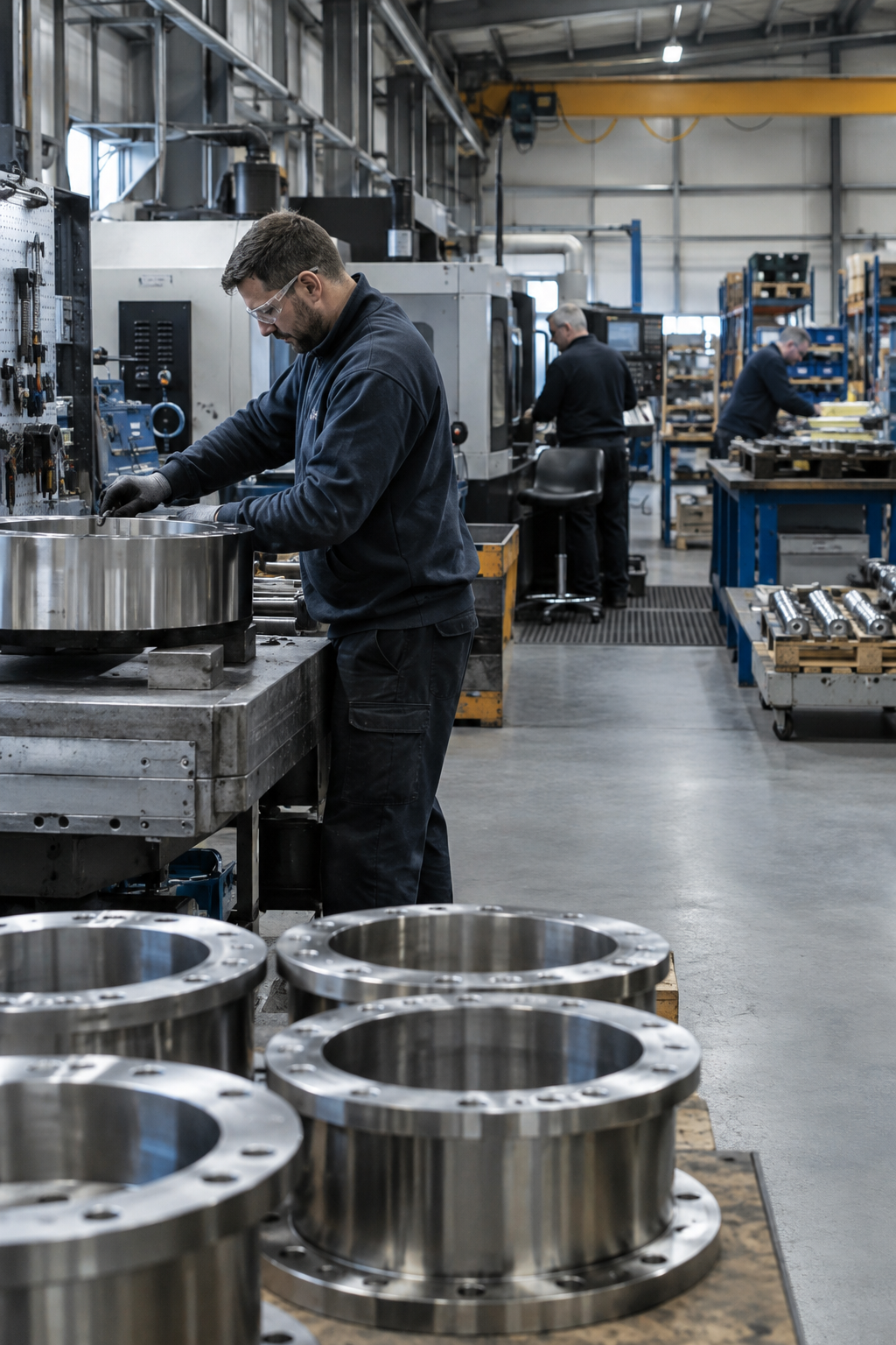 Three workers in a manufacturing factory working with metal parts and machinery.