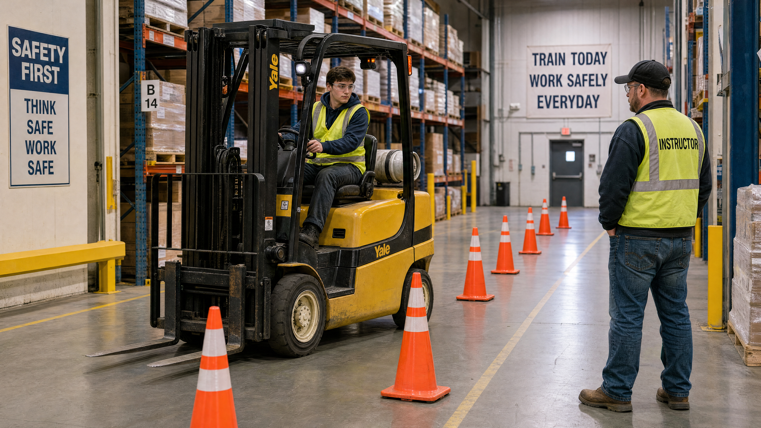 A forklift driver wearing glasses and a yellow safety vest operates a forklift in a warehouse, guided by an instructor. The instructor is standing nearby, also wearing a yellow safety vest. The warehouse has shelves stocked with boxes, orange safety cones on the floor, and signs on the wall promoting safety and safe work practices.