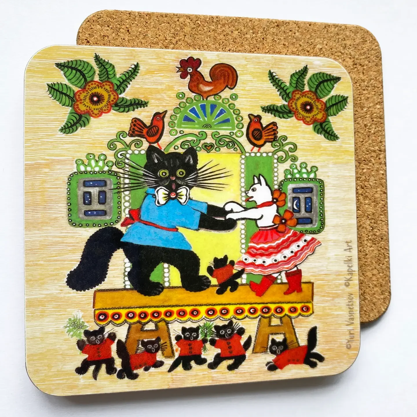 Dancing cats folk art coaster.webp