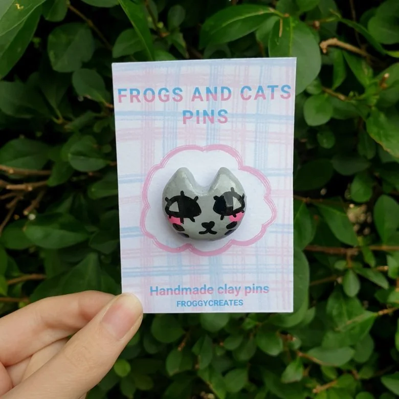 Grey Cat Clay Pin Badge
