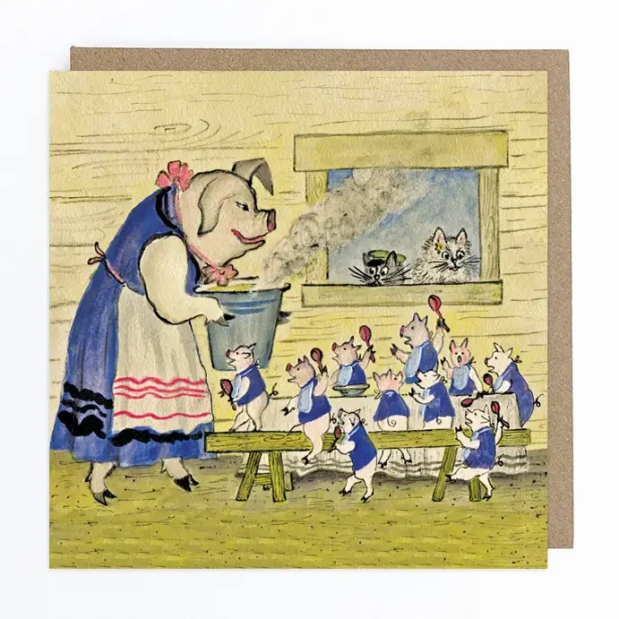Hungry Piglets Folk Art Card