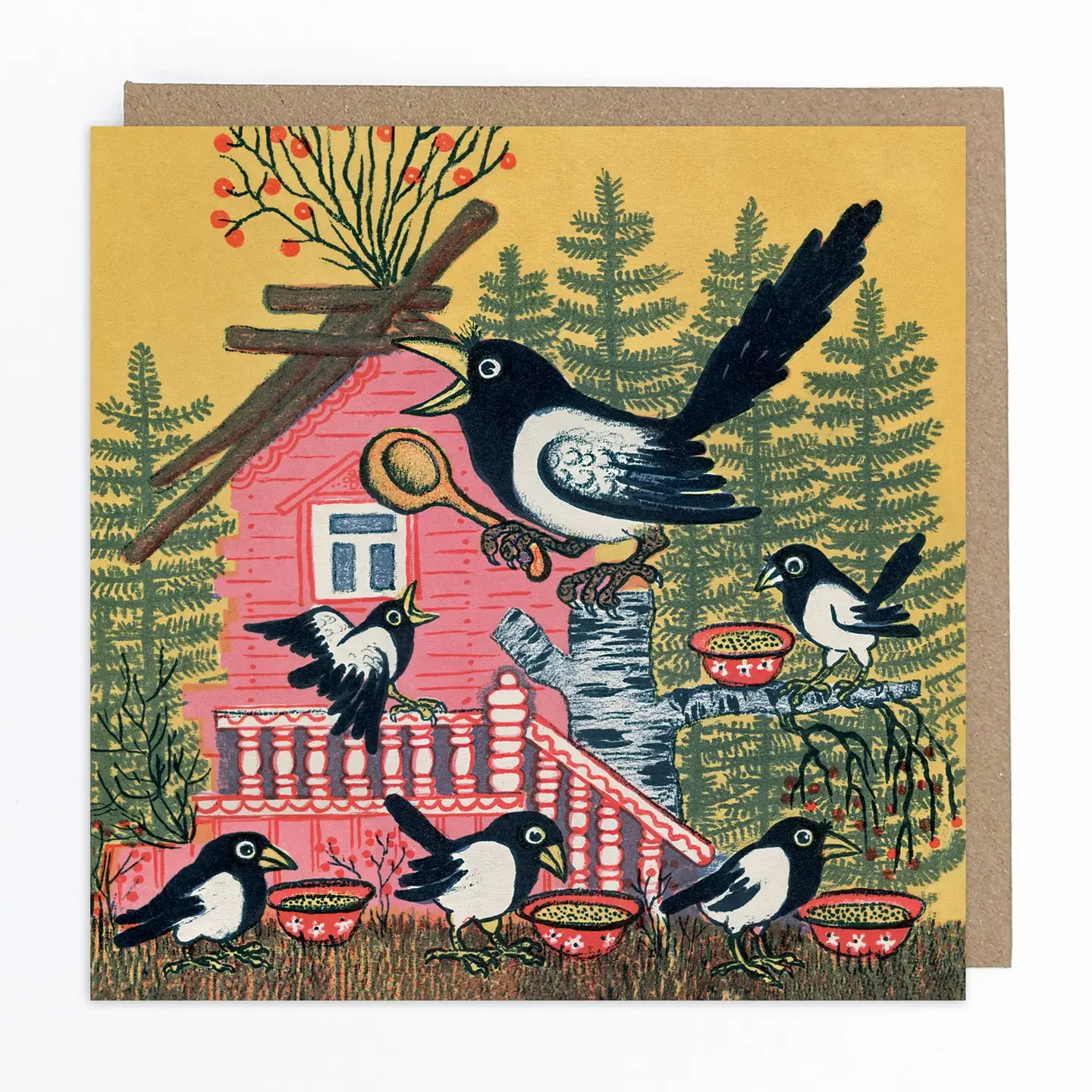 Magpie Family Folk Art Card