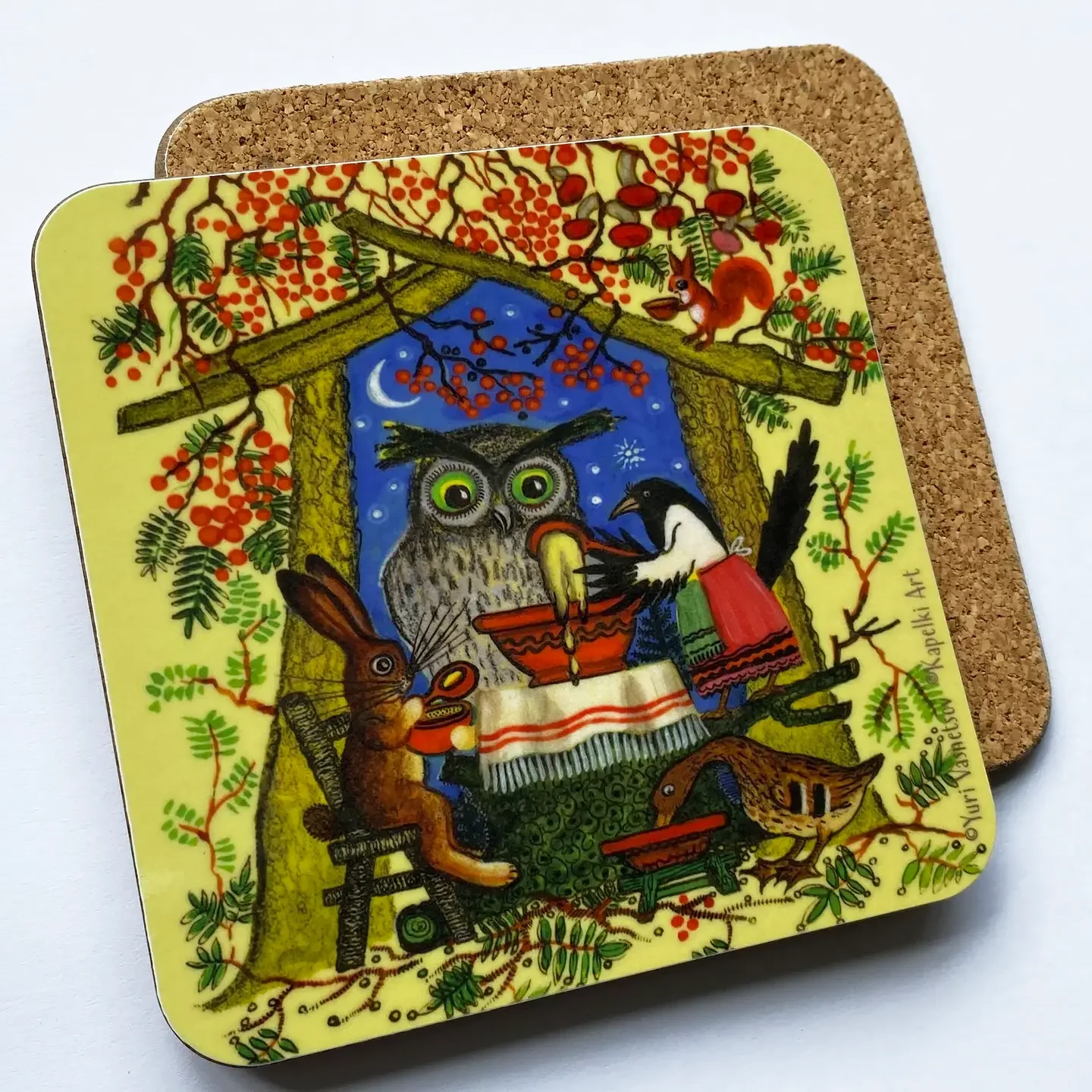 Owl and Magpie Folk Art Coaster