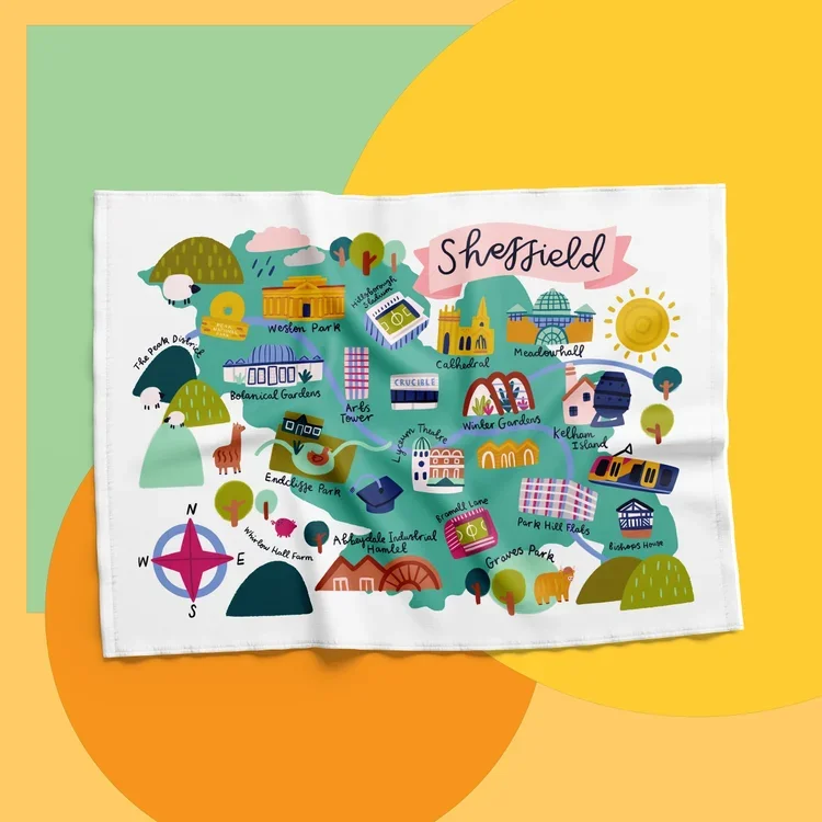 colourful sheffield map tea towel.webp