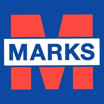 Logo with the word 'MARKS' in bold white letters on a blue background, surrounded by red geometric shapes.