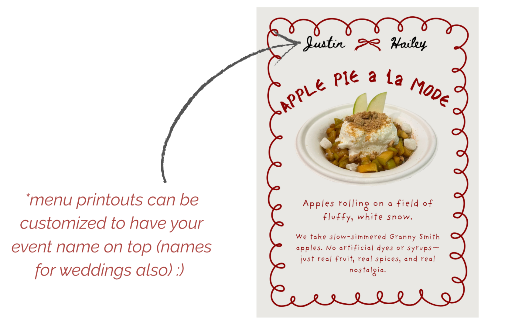 A promotional poster for a dessert called Apple Pie a la Mode. The poster features an image of a bowl of milk shaved ice with toppings including apple slices, diced caramelized apples, graham cracker crumbs, and condensed milk
