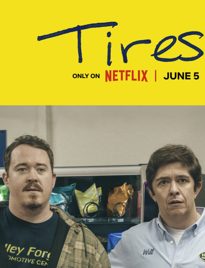 Promotional poster for the Netflix film "Tires," showing two men in a store with snack bags behind them, releasing June 5.