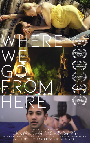 A poster for the film 'Where We Go From Here' featuring a woman in a yellow dress lying next to a young girl, a woman standing outside at night, and a man in the foreground with another person in the background.
