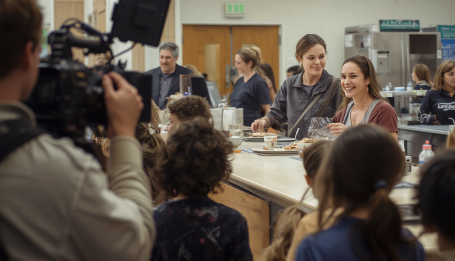 Second Helping Avenue A Films Group of young women serving food behind a counter in a busy cafeteria, with children in the foreground and a cameraman filming the scene.