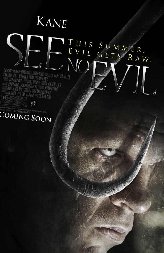 Close-up of a man's face with a large, curved hook overlapping one eye, on a dark background with movie title 'See No Evil' and tagline 'This summer, evil gets raw. Coming soon.'