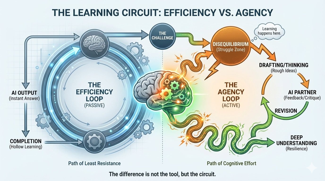 Diagram showing the 'Efficiency Loop' bypassing the brain versus the 'Agency Loop' going through a struggle phase to achieve deep understanding.