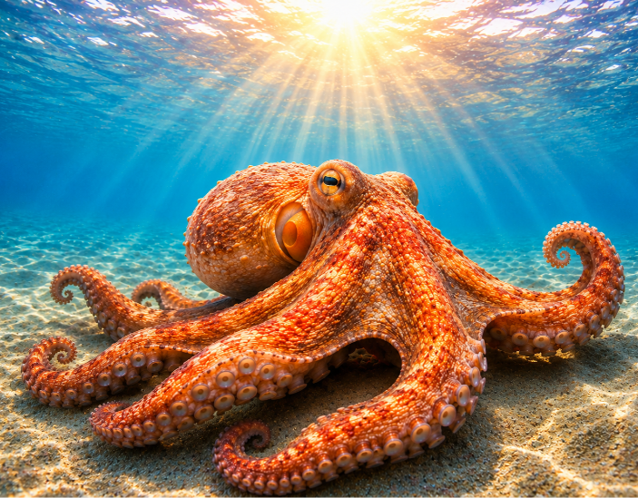 Beautiful Octopus at Sunrise  in The Sea of Japan 🌊 🌞 🐙