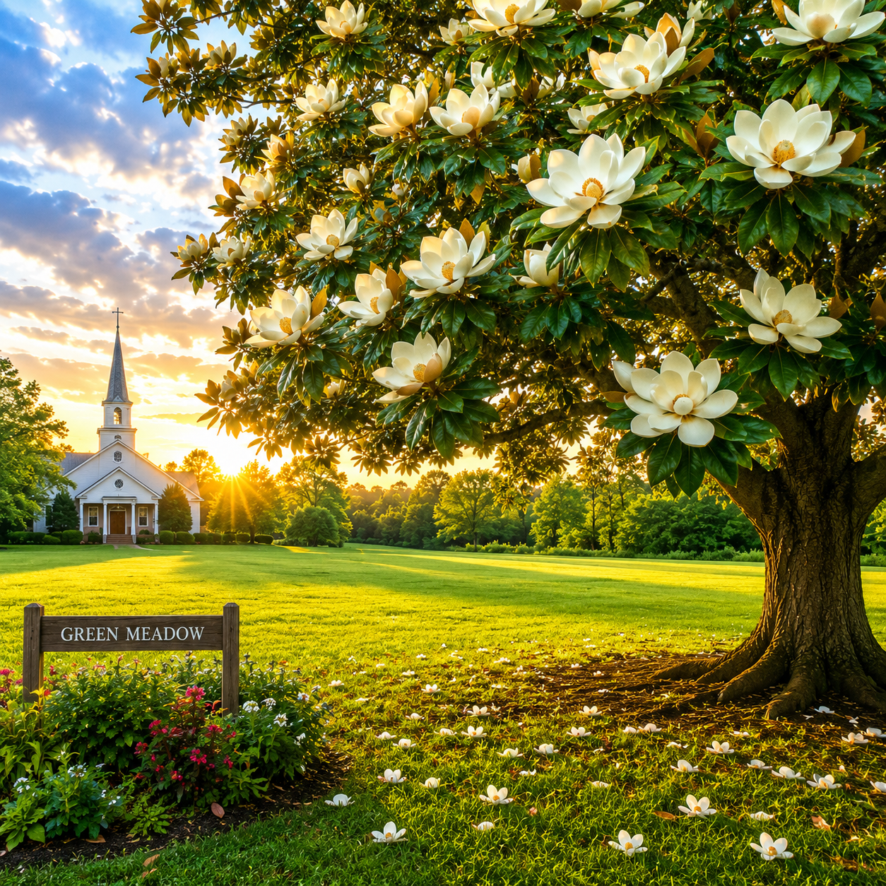 Magnolias in the Green Meadow