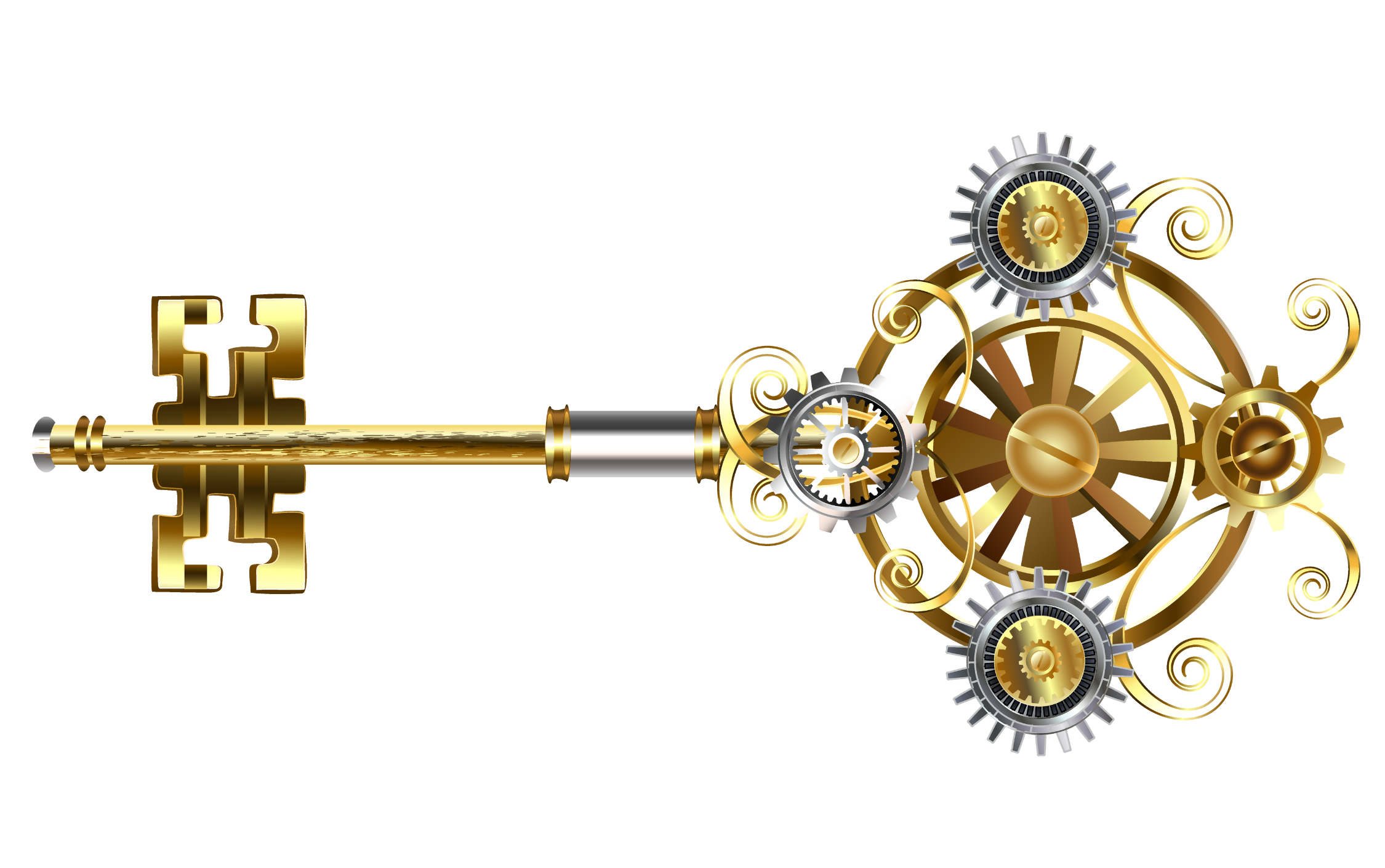 A steampunk-inspired mechanical key with gears, cogs, and intricate gold and silver details.