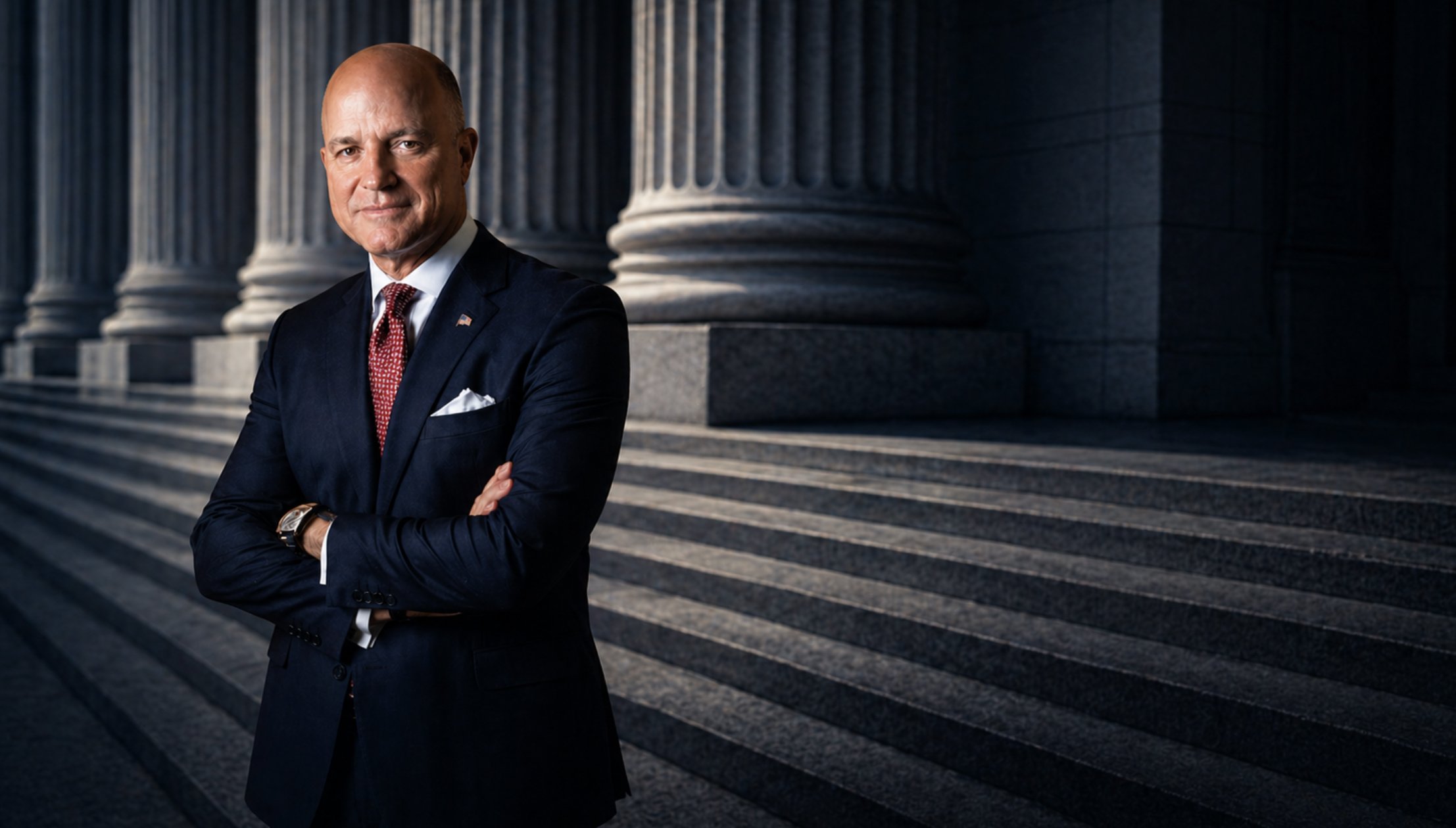 A confident man in a dark suit with arms crossed, standing in front of the steps and columns of a government building, likely the Supreme Court.