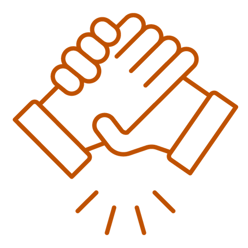 Outline of two hands shaking with lines radiating underneath, symbolizing partnership or agreement.