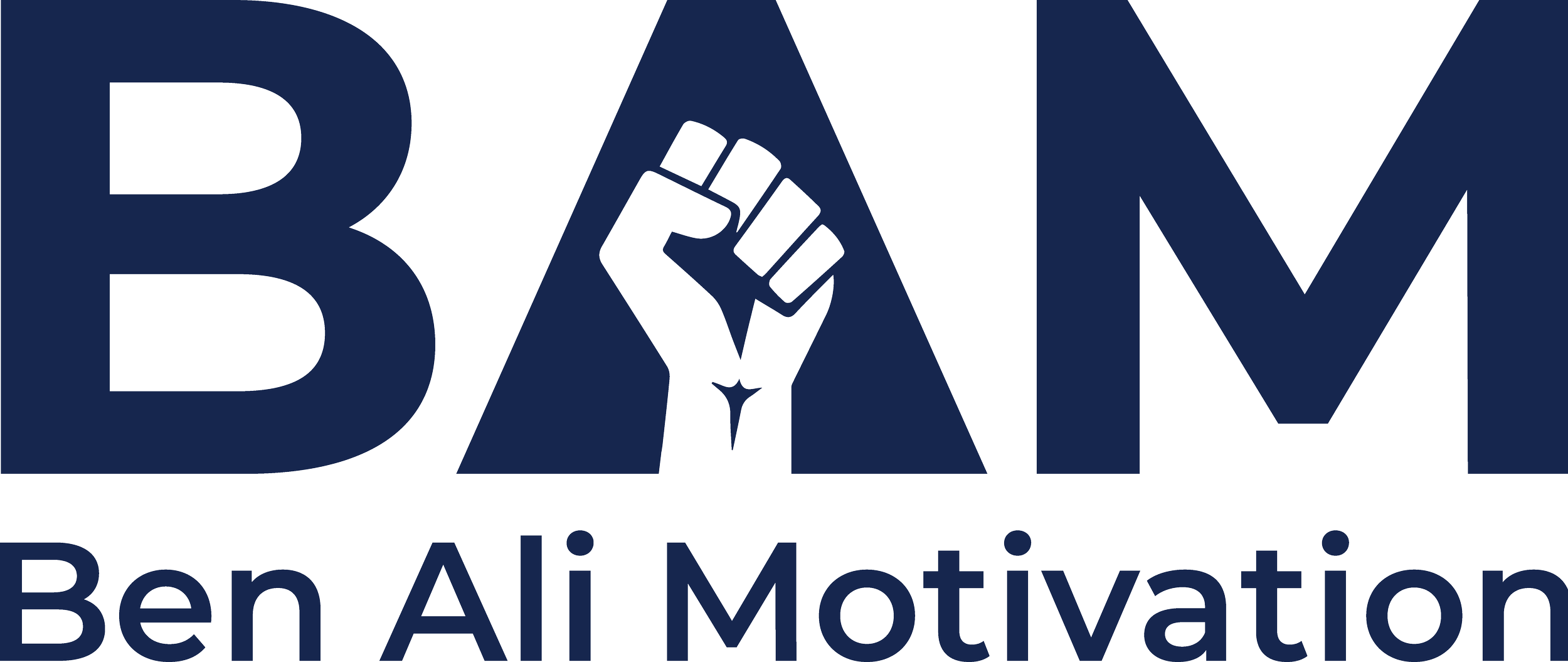 Ben Ali Motivation logo with bold dark blue letters BAM, a raised clenched fist inside the letter A, and the name Ben Ali Motivation below.