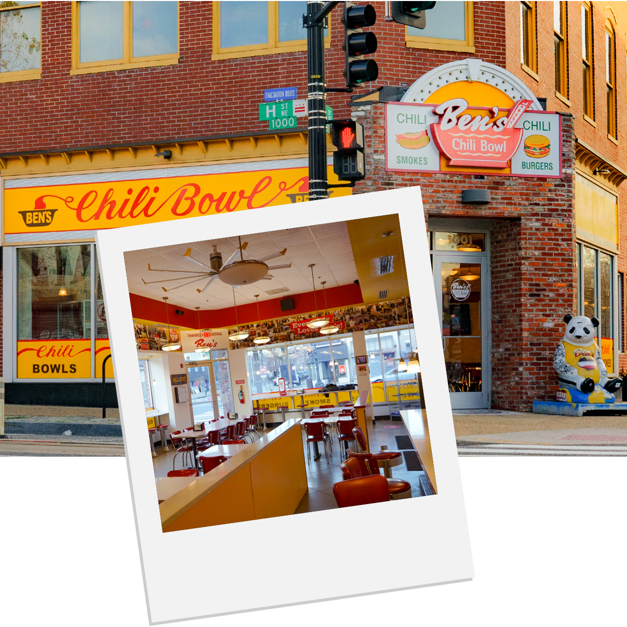 Exterior view of Ben's Chili Bowl restaurant on a street corner, featuring a large sign with the restaurant's name and offerings of chili, smoked foods, and burgers. A whimsical panda statue is situated at the entrance, and an inset photo shows the interior with a retro style, red and yellow decor, tables, chairs, and large windows.