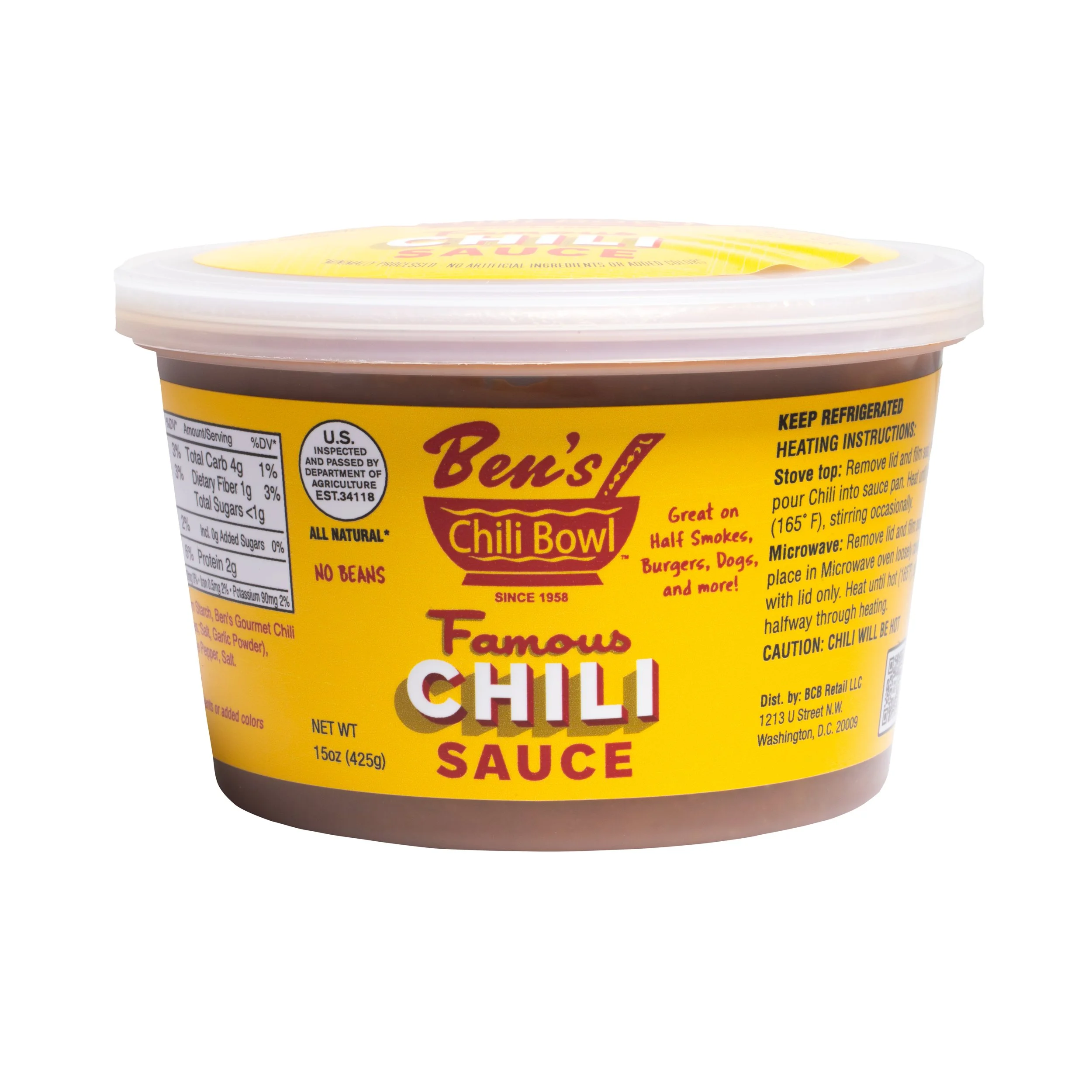 Container of Ben's Famous Chili Sauce with yellow labeling and red text, featuring instructions and nutritional information.