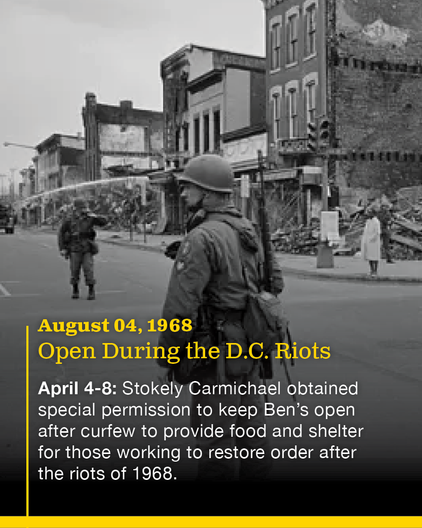 Black and white historic photograph showing a soldier standing on a street during the 1968 D.C. Riots. Buildings with damage are visible in the background. The image includes text about the riots, dated August 4, 1968, mentioning special permission g