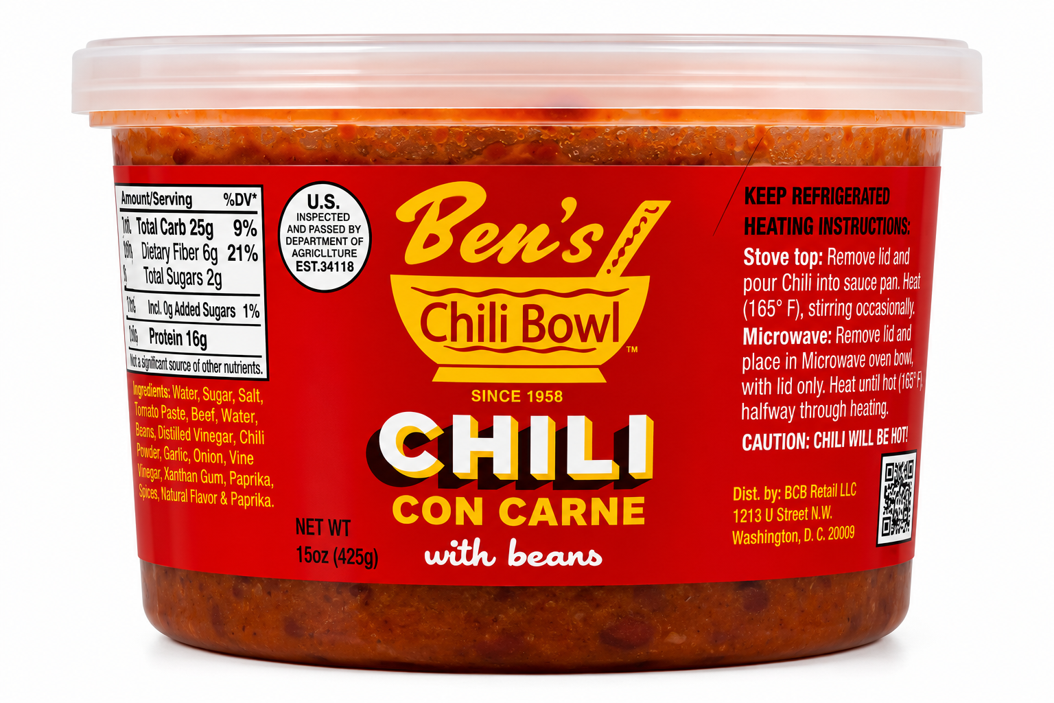 A container of Ben's Chili Bowl chili with beans, labeled as 'Chili con Carne,' with cooking instructions and nutritional information on the label.