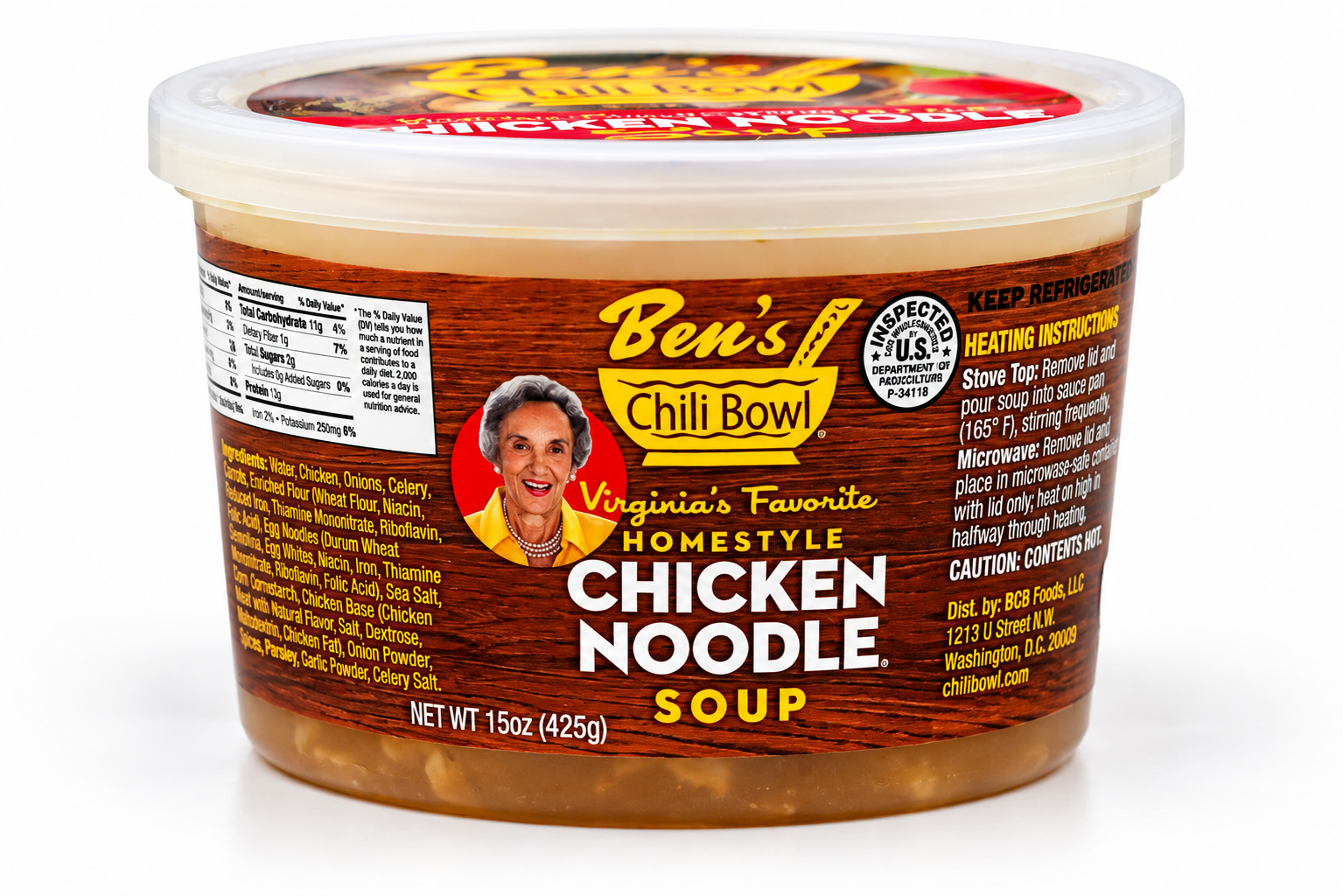 Label design for Ben's Chili Bowl Chicken Noodle Soup. The label features a background image of chicken noodle soup with carrots, noodles, and vegetables, and has text stating it is Virginia's favorite homestyle chicken noodle soup made with hand-pulled chicken, tender pasta, fresh veggies and herbs, established since 1958.