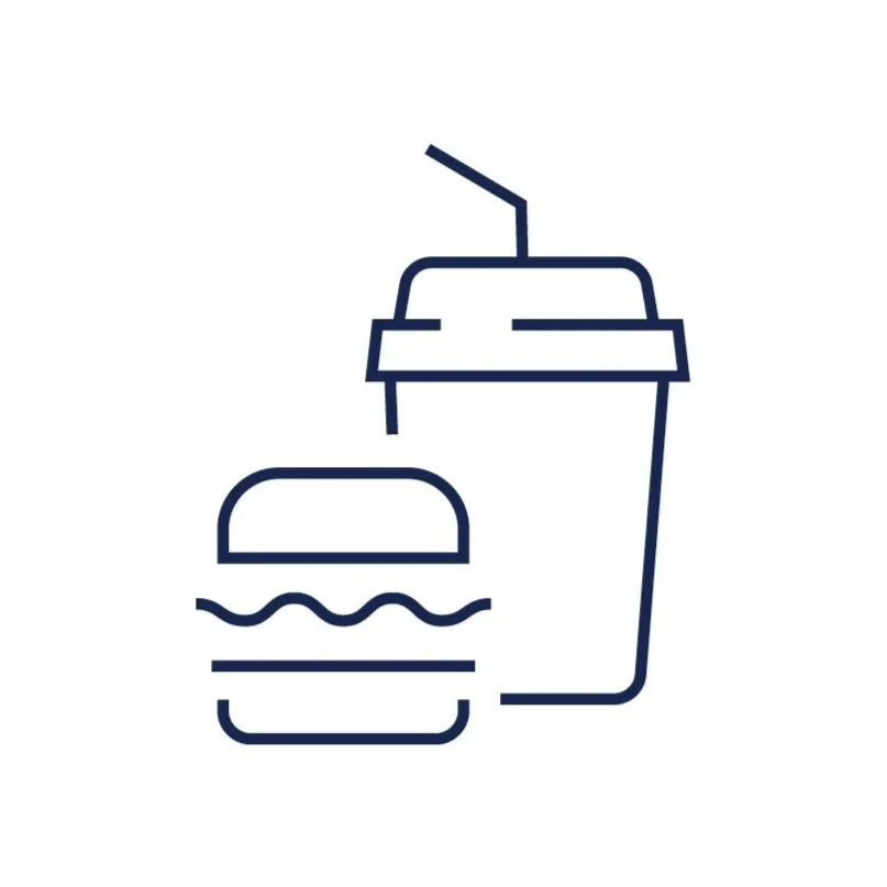 Line drawing of a fast food burger and a to-go cup with a lid and straw.