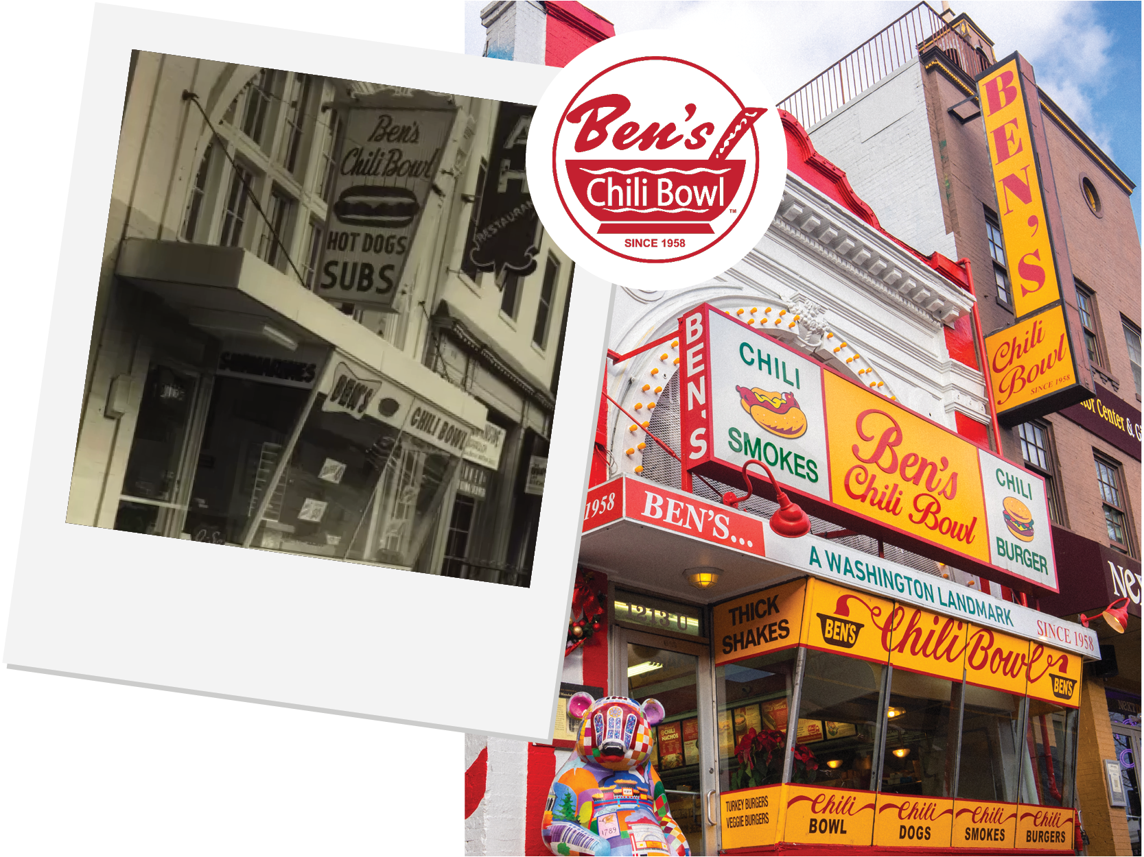 Colorful storefront of Ben's Chili Bowl with bright signs advertising chili, smoked, burgers, hot dogs, and shakes, a large mascot bear figure, and a vintage photo showing the same location in black and white.