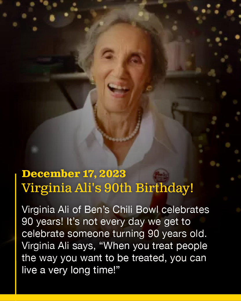 A joyful elderly woman with gray hair, wearing a white blouse, a pearl necklace, and gold earrings, smiling and winking against a dark background with golden lights. Text on the image announces Virginia Ali's 90th birthday celebration on December 17,