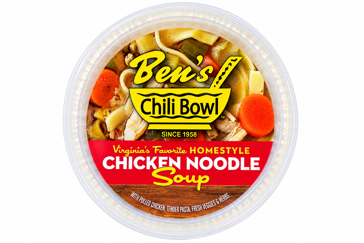Ben's Chili Bowl presents Virginia's Favorite Homestyle Chicken Noodle Soup. Succulent fresh colorful vegetables and locally made pasta. With carrots, celery and onions.