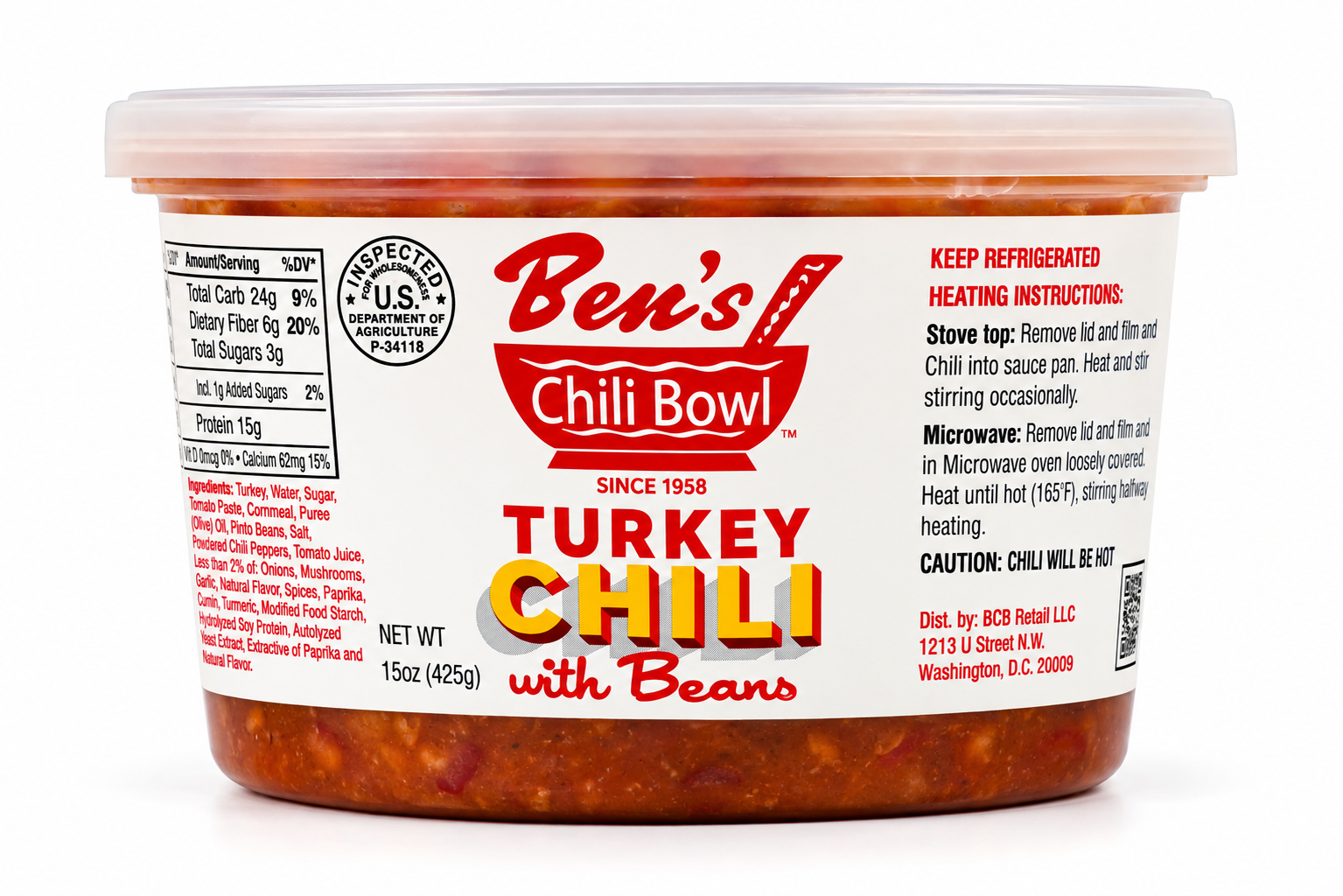 A container of Ben's Chili Bowl Turkey Chili with Beans, featuring a white label with red and yellow text and an image of a chili bowl logo.