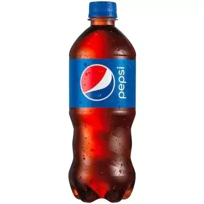 A 20-ounce plastic bottle of Pepsi with condensation on the surface.