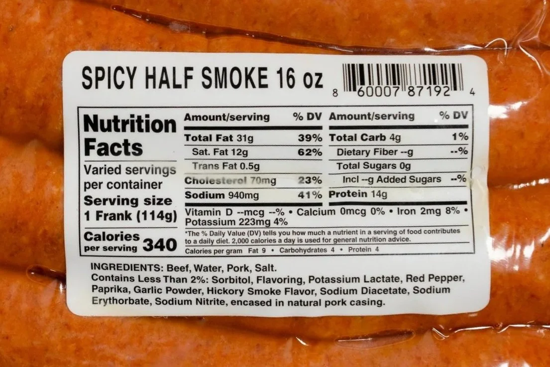 Package of spicy half smoke sausage, 16 ounces, with nutrition facts and ingredients listed on the label.