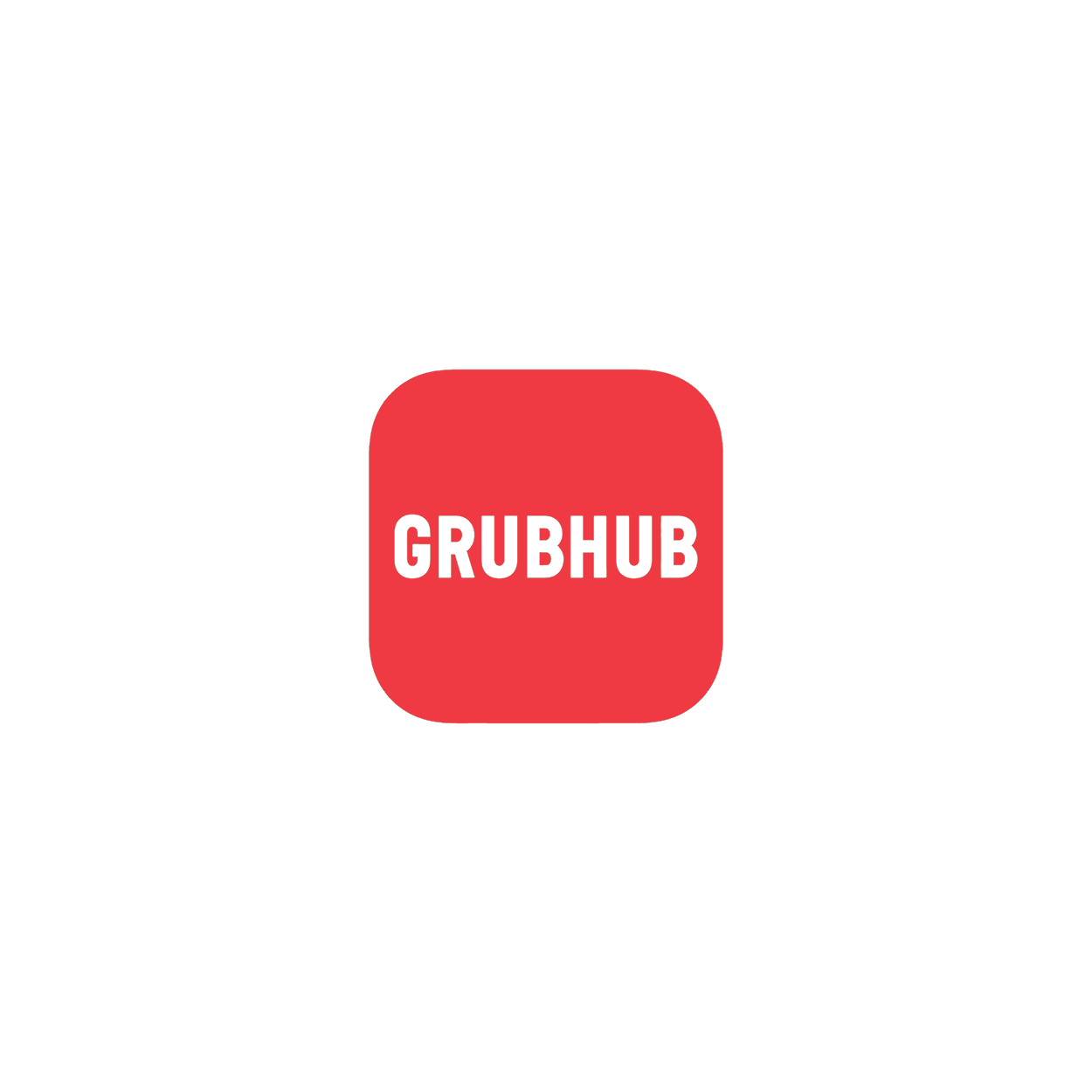 Grubhub app icon with a red rounded square and white text in the center, surrounded by a black background.