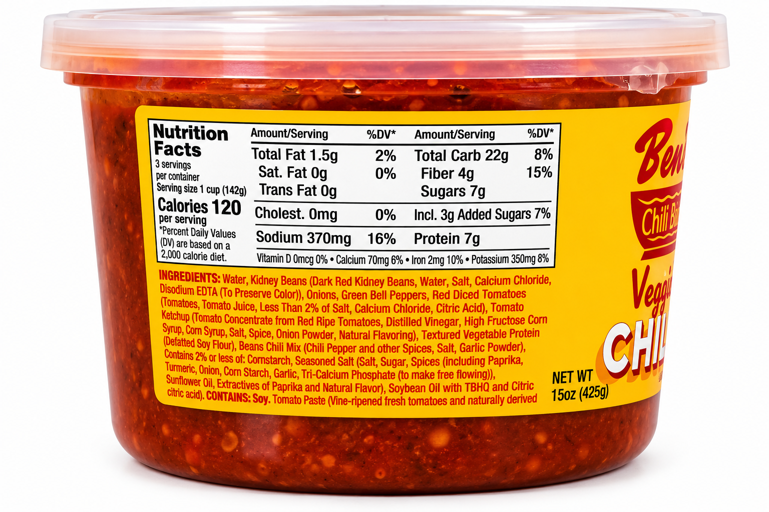 Container of chili with a yellow label showing nutrition facts and ingredients, with a transparent lid.