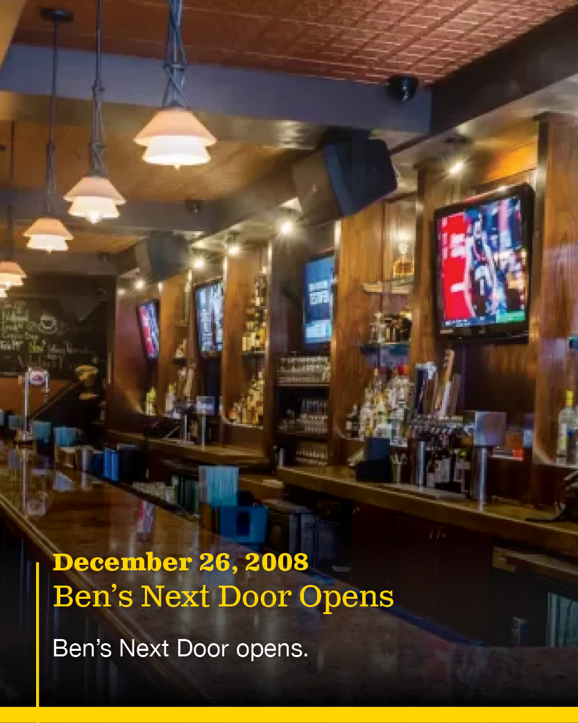 Interior of a bar with wooden decor, multiple TVs mounted on the wall, and a counter with bar stools. The caption reads 'December 26, 2008 Ben’s Next Door Opens.'