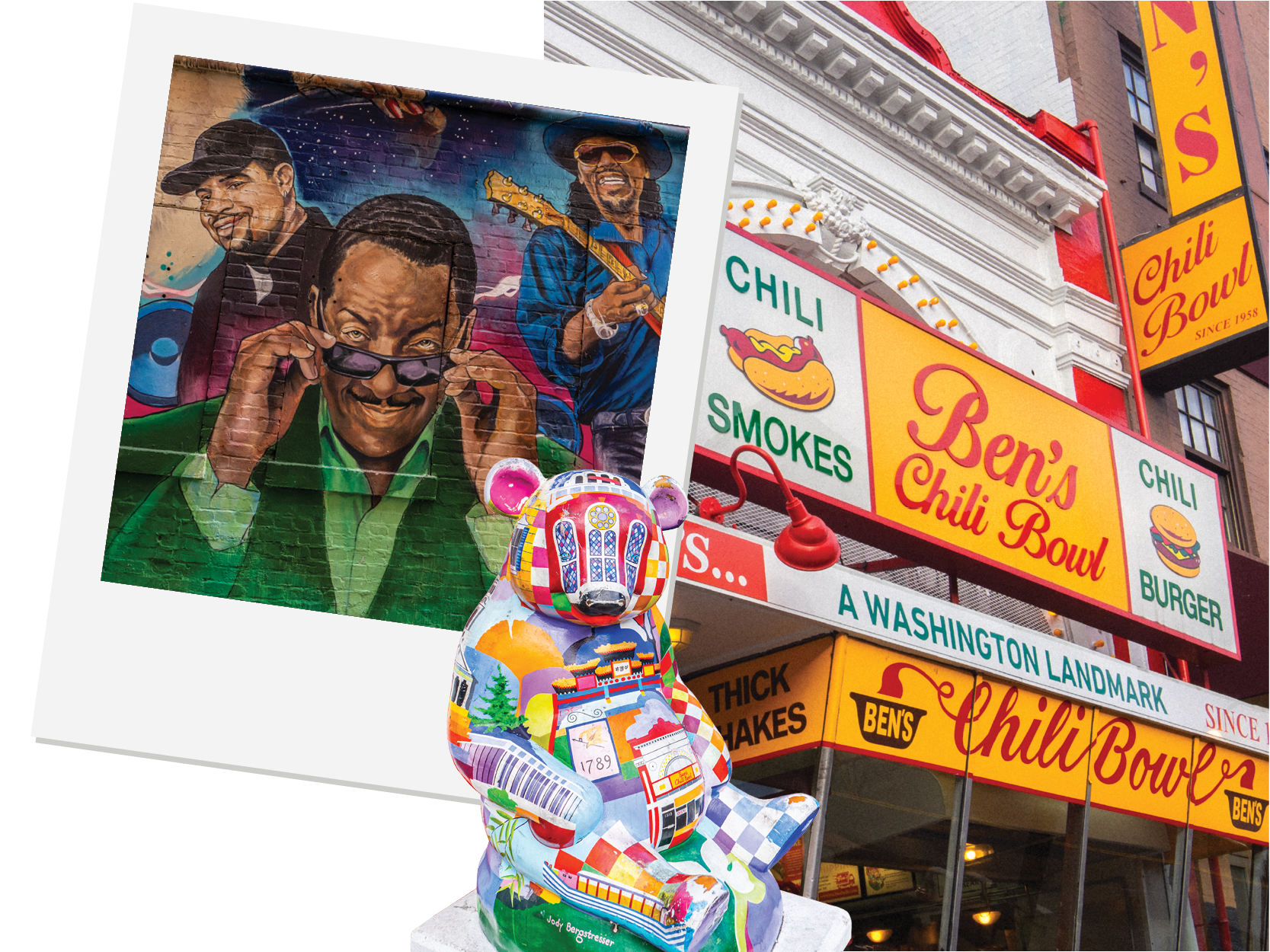 Colorful mural featuring three musicians, a decorated bear sculpture, and signs for Ben's Chili Bowl restaurant in Washington D.C.