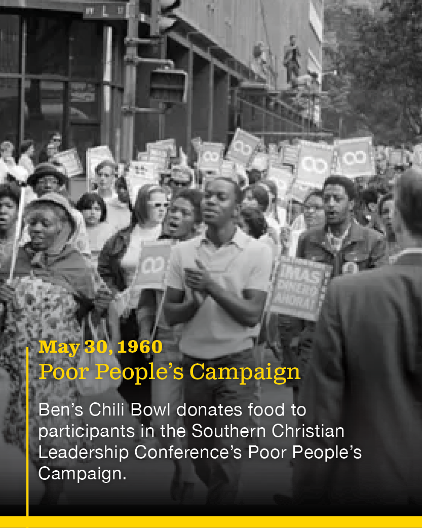 A black and white photo of a crowd of African American people protesting, holding signs that say 'CC' and 'Poor People'. The caption says this took place on May 30, 1960, during the Poor People's Campaign, where Ben's Chili Bowl donated food to parti