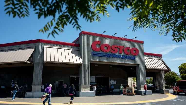 Front view of a Costco Wholesale store with people entering and exiting on a sunny day.