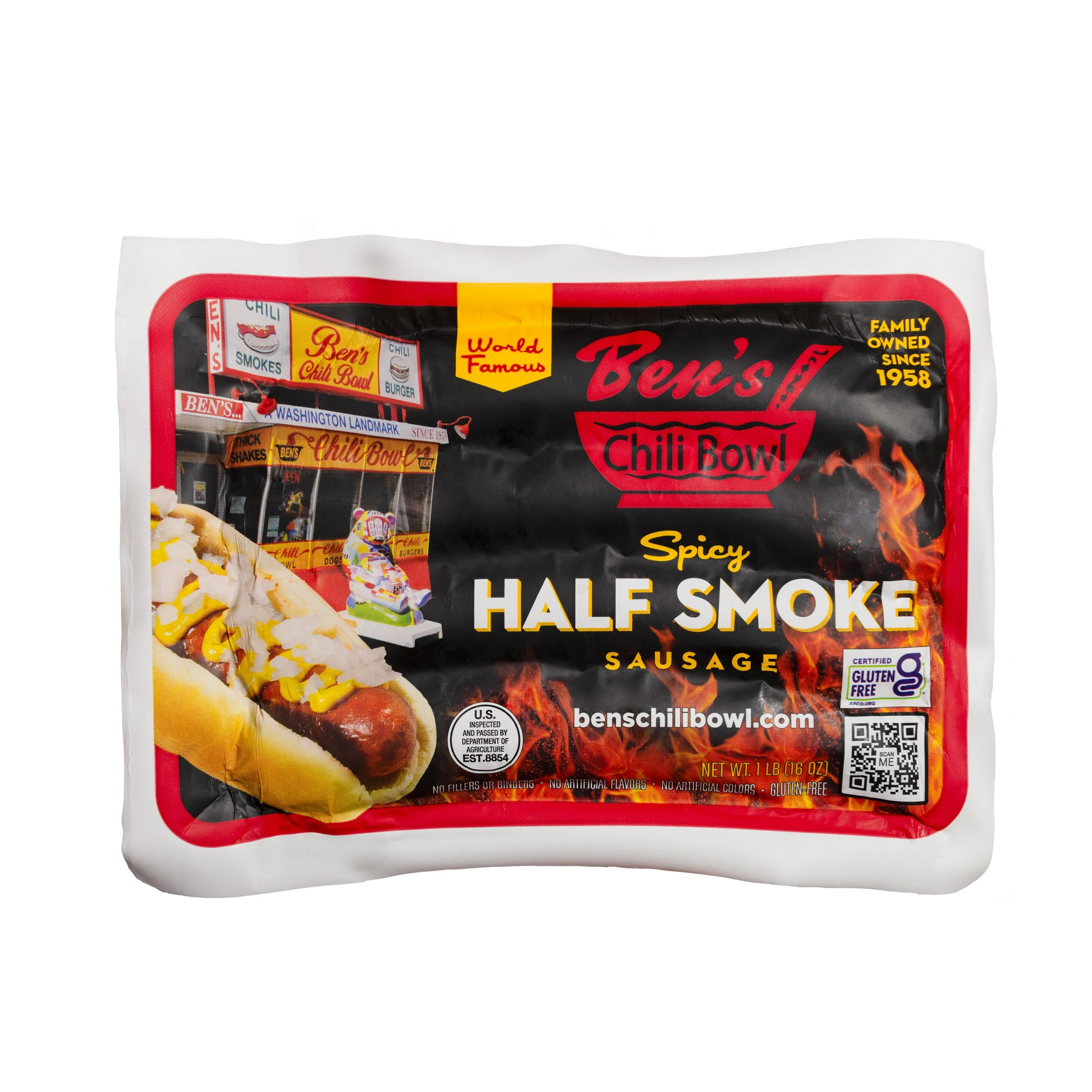 Package of Ben's Chili Bowl spicy half smoke sausage with an image of a hot dog on the left and an outdoor food stand on the top left.