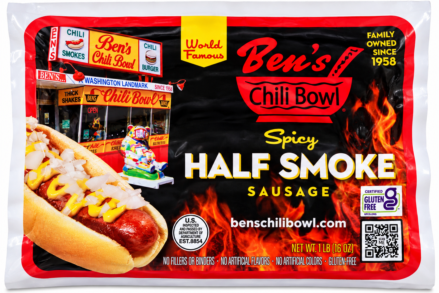 Package of Ben's Chili Bowl spicy half smoke sausage with an image of a hot dog on the left and an outdoor food stand on the top left.