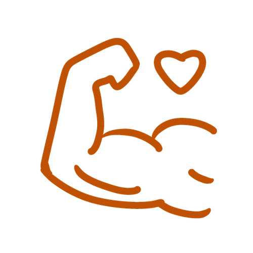 Illustration of a flexed arm muscle with a heart above it, drawn in brown lines on a black background.